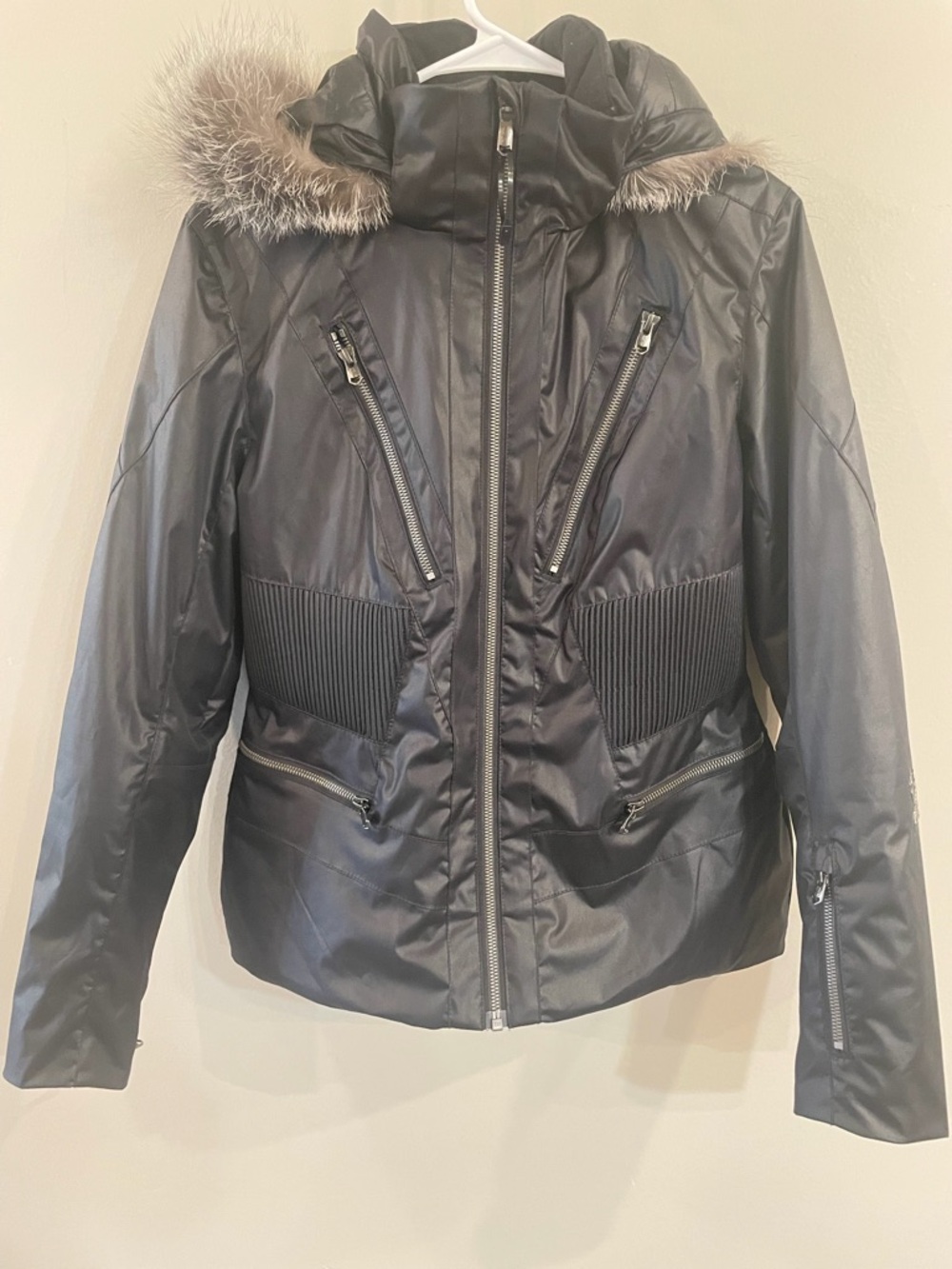 Spyder Black Hooded Faux-Fur Trim Leather-Style Jacket